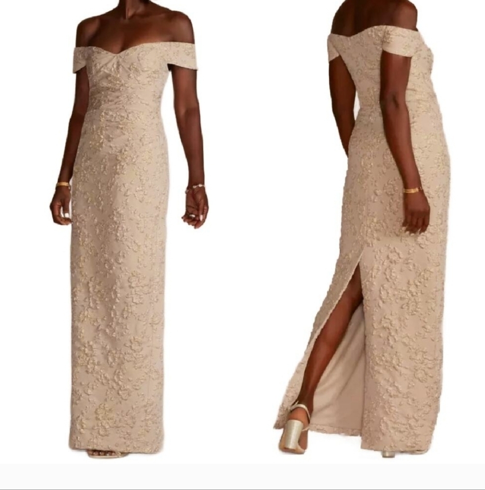 Oleg Cassini Size 16 W Formal Floral Boned Evening Gown Champagne Metallic Cream